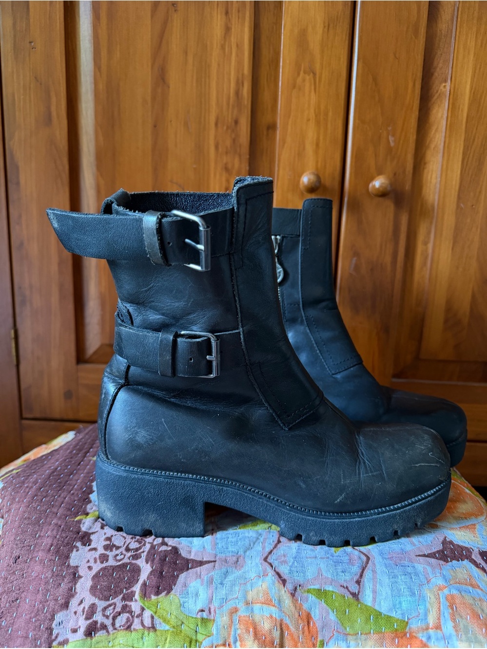 Vintage Double H Women's Black Leather Biker Ankle Boots